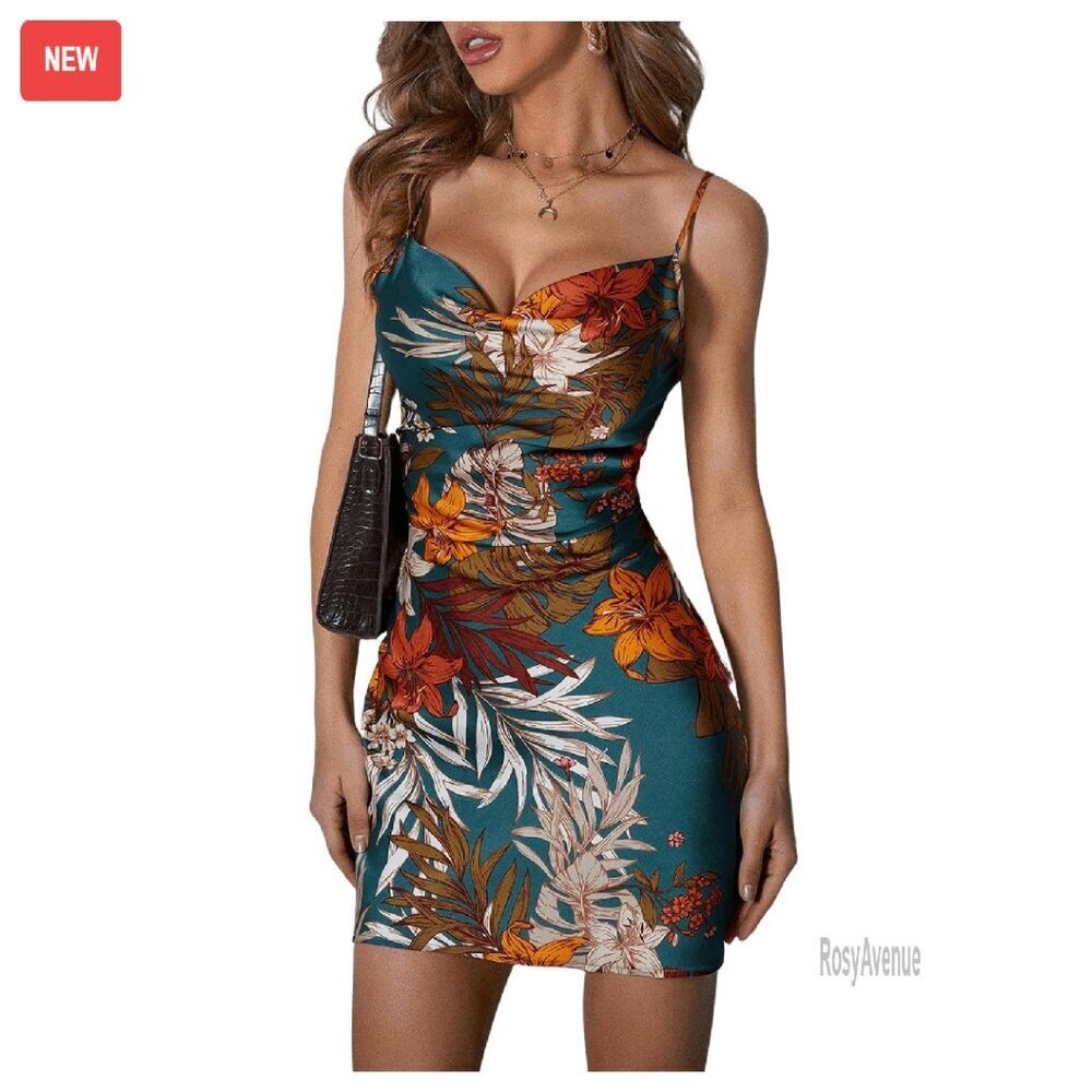 Satin Spaghetti Strap Mini Dress Cowl Neck Tropical Print Summer